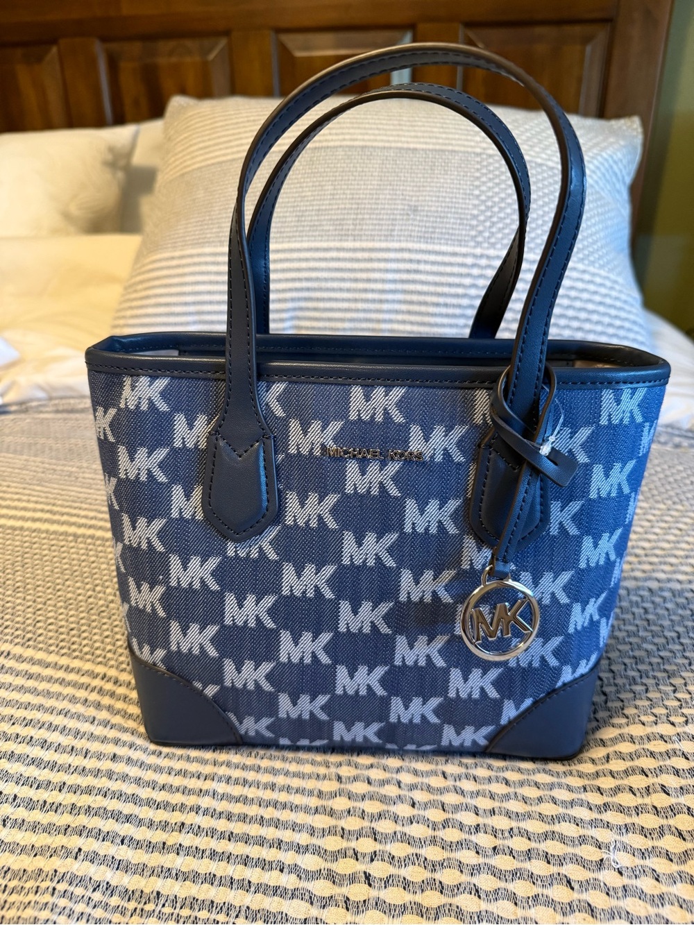 NWT Michael Kors Navy Blue MK Logo Mini Tote with Gold Charm